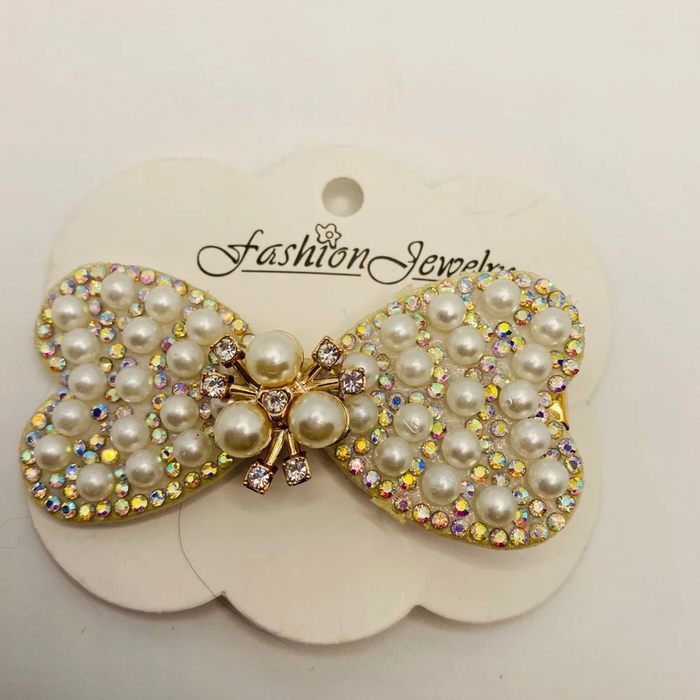 Hair Barrette Bow faux pearl crystals iridescent